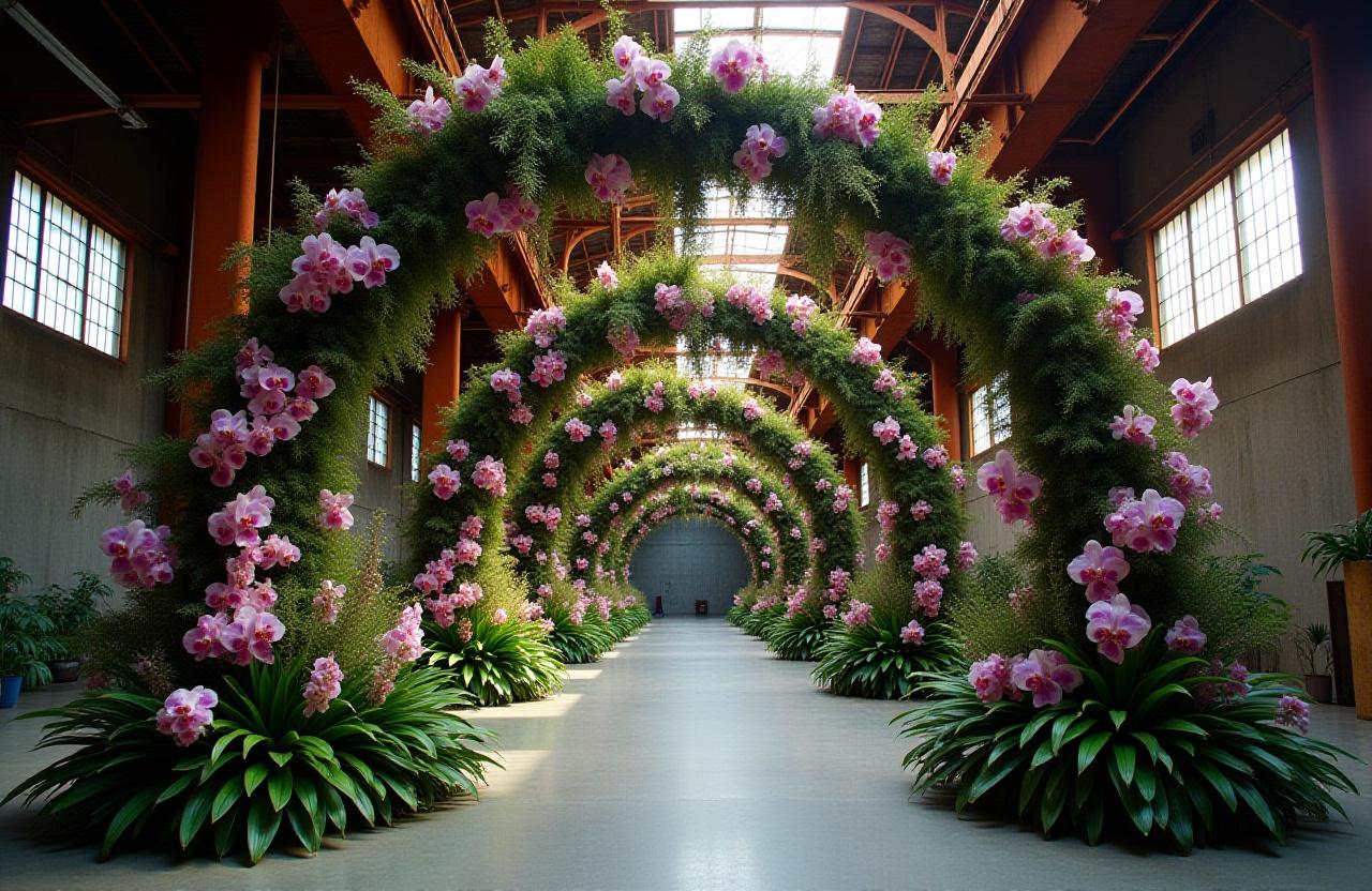 Large scale floral installation featuring steel girders and cascading orchids